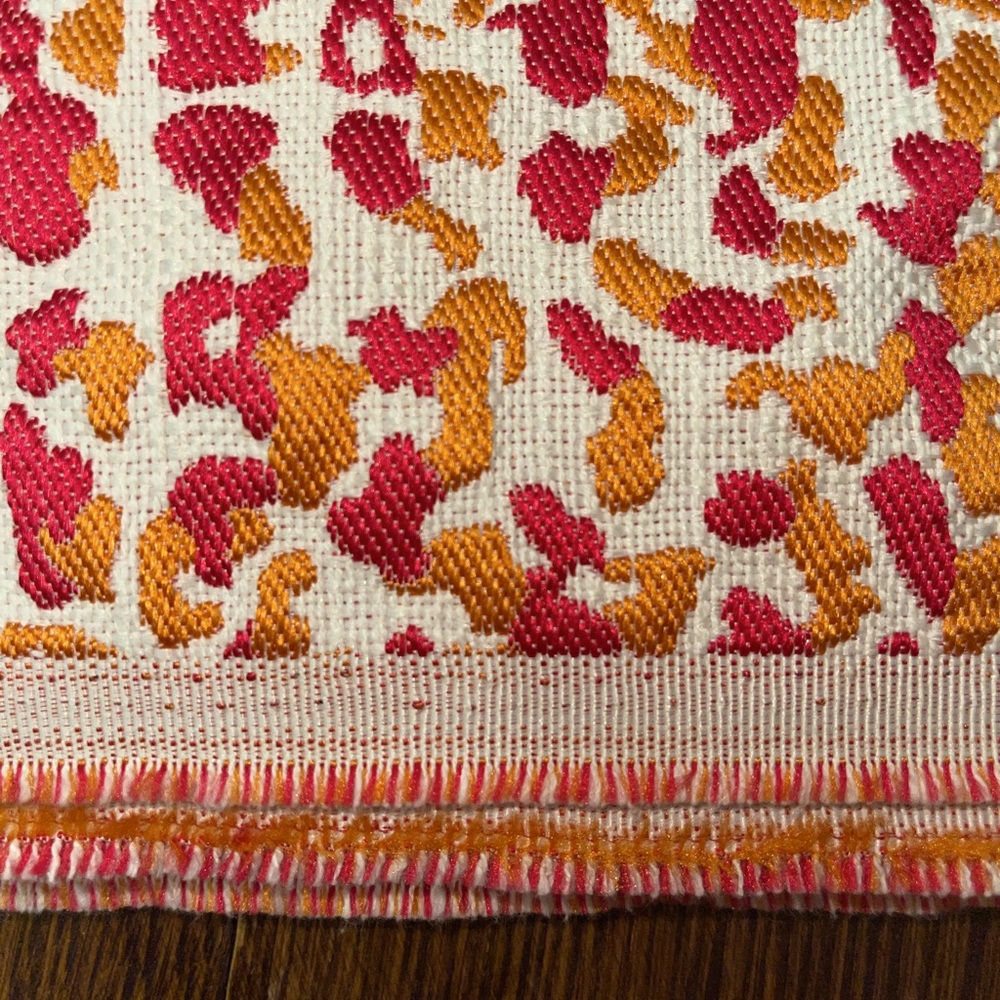Upholstery fabric -new-  retro style design. Orange, pink, white.